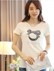 自由婷 2013夏装新款女装 百搭印花镶钻T恤圆领修身白色T恤女短袖